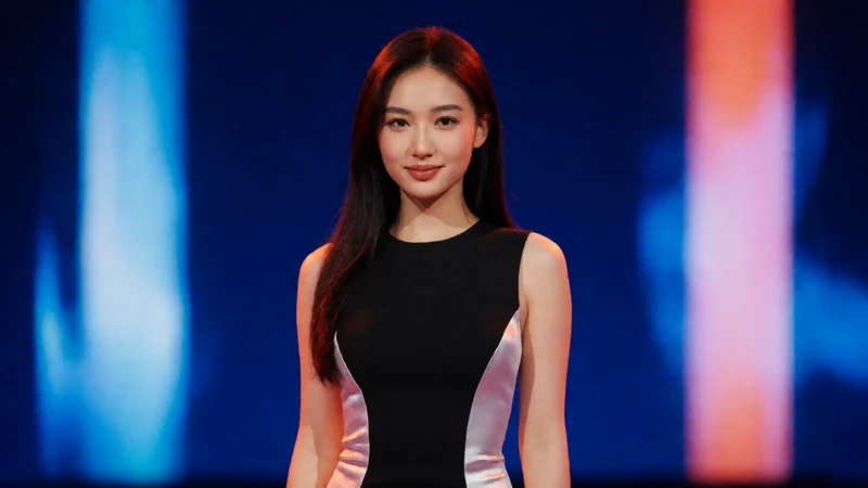 91短视频主题图:虚构成年女子穿黑色舞台短裙在深蓝色演播大厅中央出镜