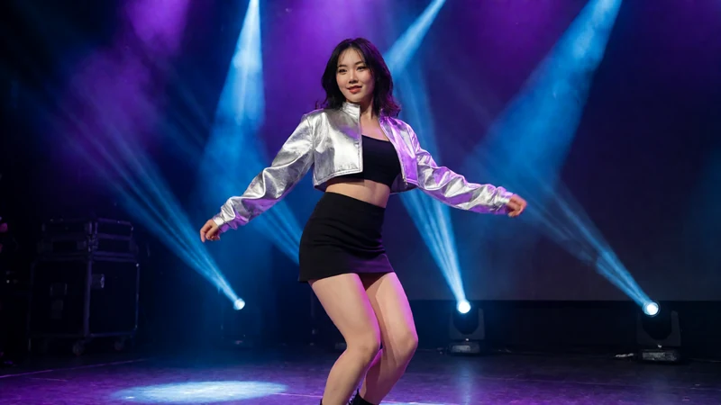 91短视频女主播热舞题材图：虚构成年女舞者穿银色外套黑色短裙在蓝紫舞台转身