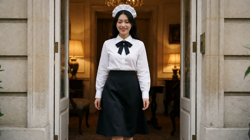 91短视频角色短片题材图：虚构成年女子穿正常遮盖的黑白女仆服站在复古室内